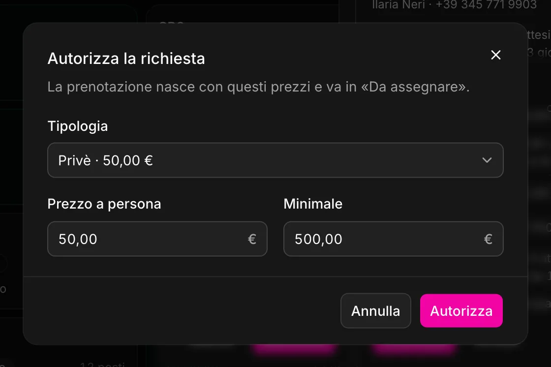 La finestra Autorizza la richiesta: i prezzi con cui nasce la prenotazione