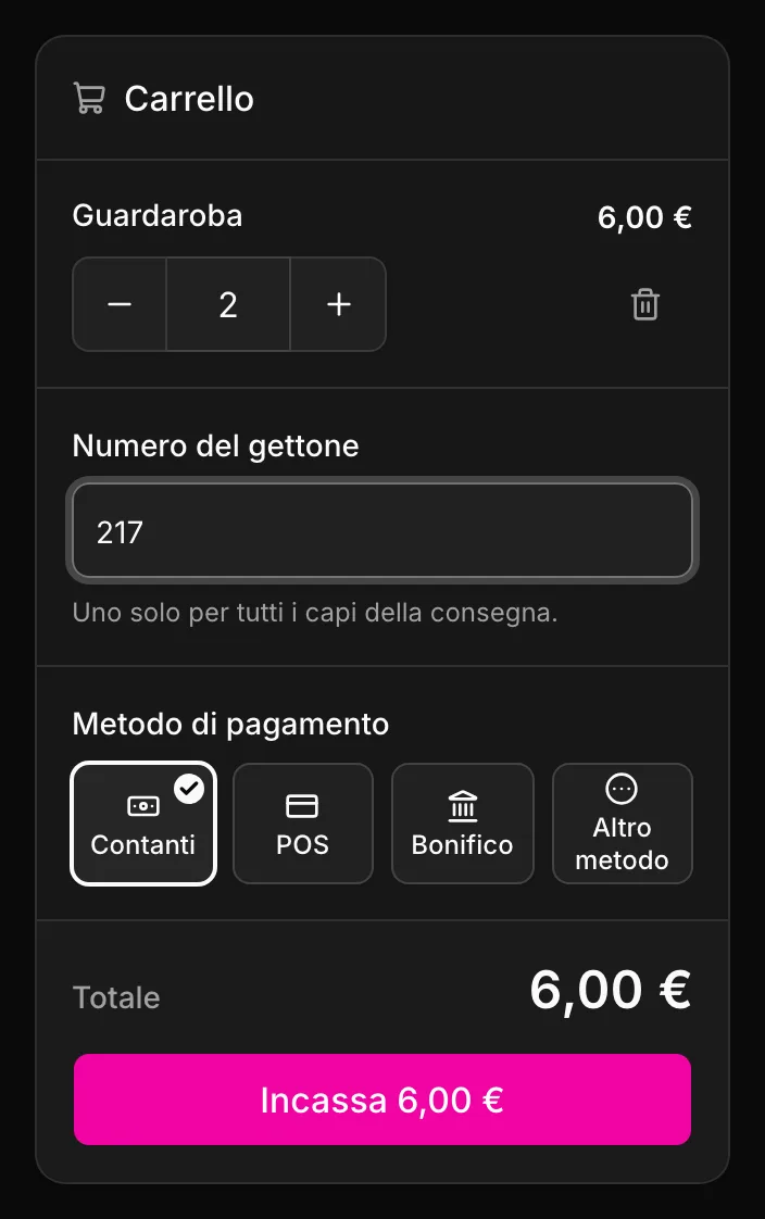 Il carrello del guardaroba: i capi, il numero del gettone, il metodo di pagamento e Incassa