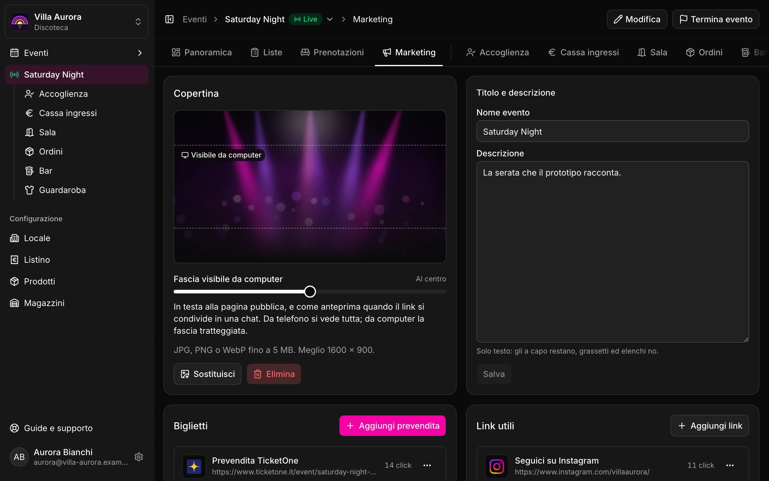 La scheda Marketing di una serata: copertina, titolo e descrizione, biglietti e link utili con i click