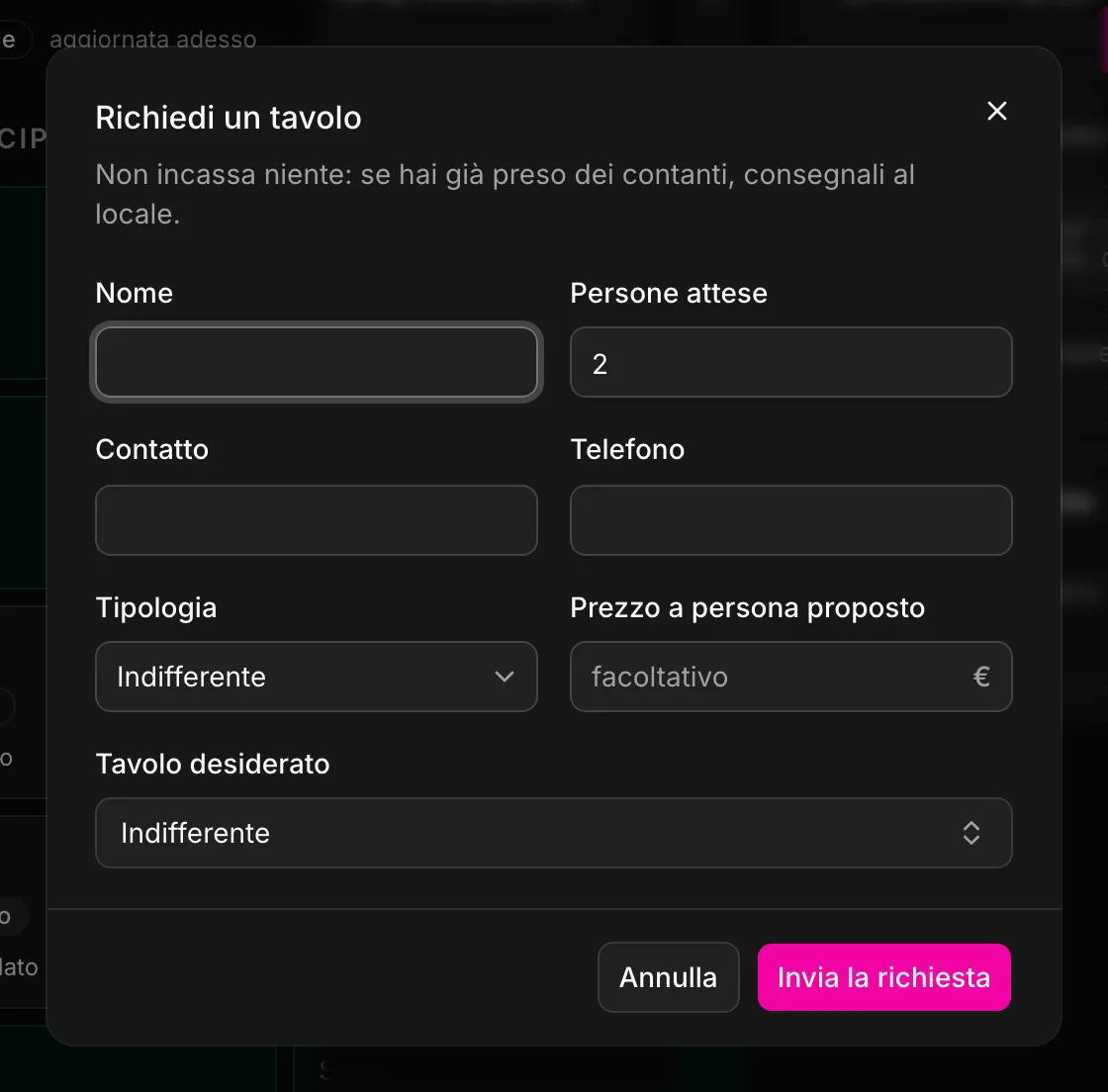 La finestra Richiedi un tavolo: nome, persone attese, contatto, tipologia, prezzo proposto e tavolo desiderato
